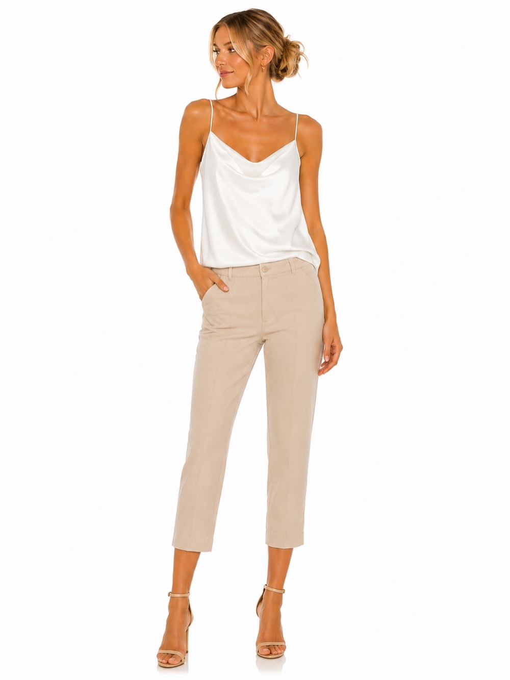White Cowl Neck Satin Spaghetti Strap Cami Blouse | Size M